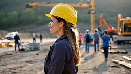 Smiling female construction worker with yellow hard hat smiling on site.