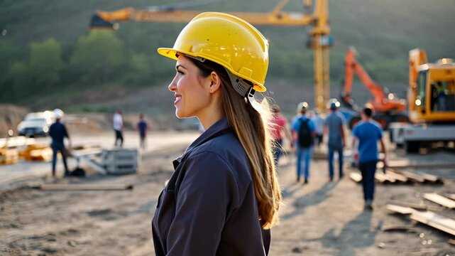 Smiling female construction worker with yellow hard hat smiling on site.