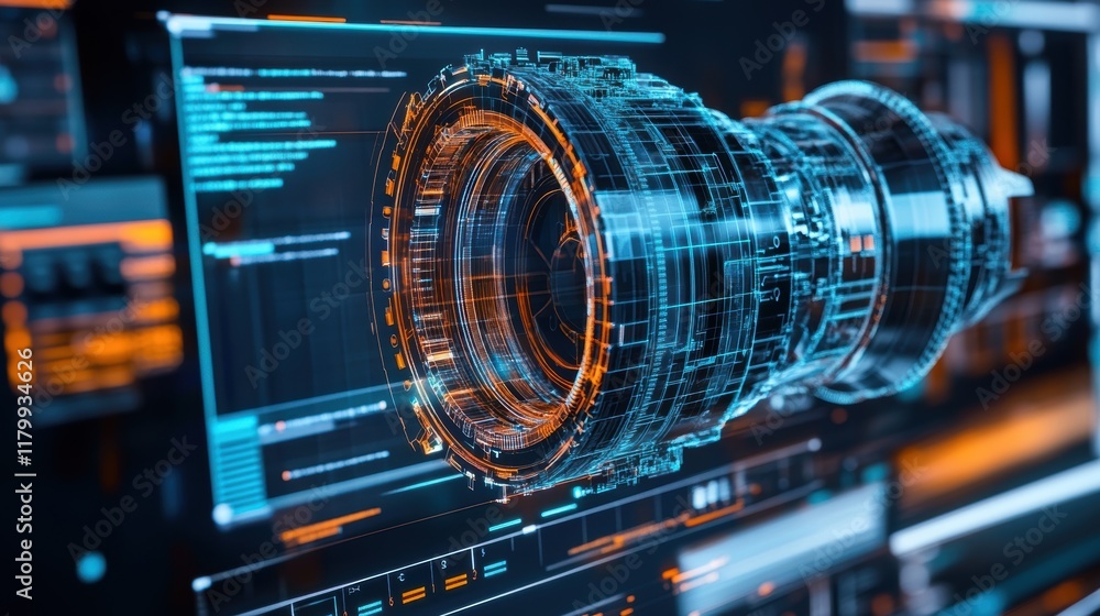 Poster holographic projection of a camera lens showcasing intricate internal components, set against a back