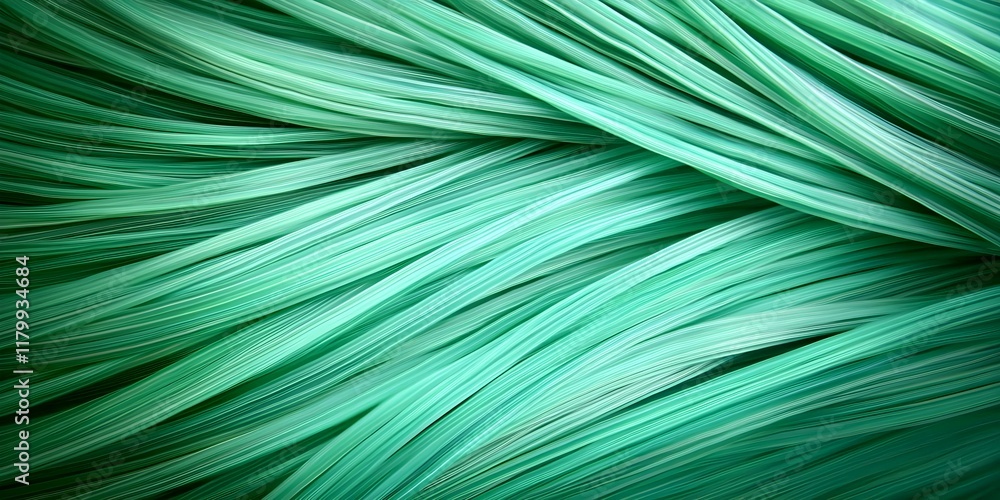 Poster a close-up view of flowing strands or fibers in varying shades of green, creating a textured, abstra