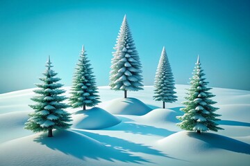 Fototapeta premium Minimalist Winter Scene: Five Snow-Dusted Pine Trees on White Drift Against Blue