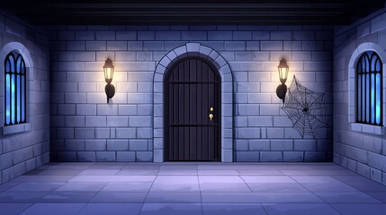 Dark medieval jail with iron gates torches and a moody interior design