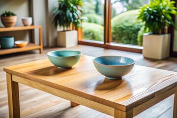 Minimalist Wooden Tables with Ceramic Bowls: Stylish Home Decor Stock Photo