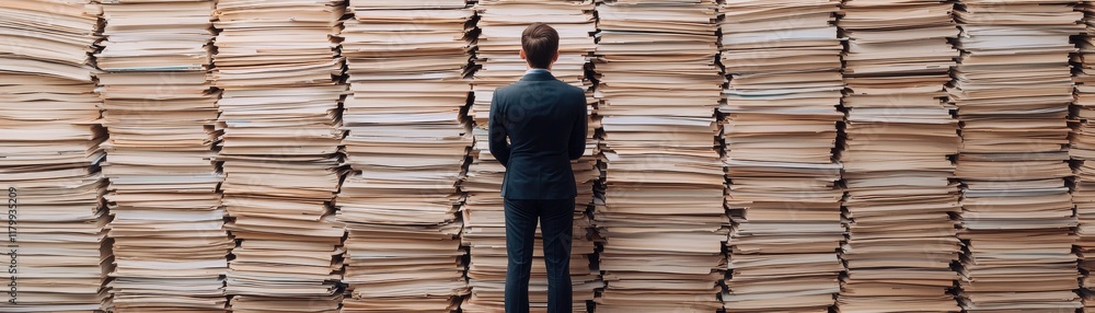 Poster a person stands before a towering wall of stacked paperwork, symbolizing overwhelming tasks and the 