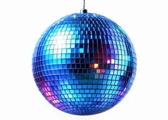 Fototapeta premium Mirrored Blue Disco Ball Hanging, Isolated on White Background - Night Photography Stock Photo