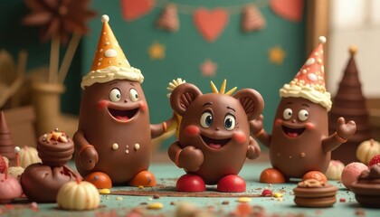 Fototapeta premium Anthropomorphic chocolate characters, engaged in a playful celebration, amidst a backdrop of chocolate-themed decorations and props. Festive concept Valentine's Day Chocolate Day