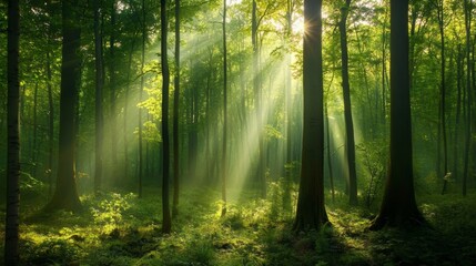 Sunlit Forest: Mystical Green Canopy with Golden Rays