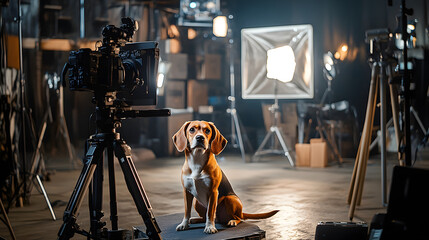 A beagle sitting on a film set surrounded by props and lighting, its expressive face hinting at its role as a clever detective in a mystery movie 