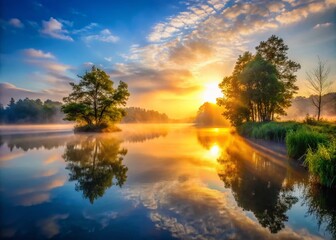 Obraz premium Misty Lake Morning: Serene Dawn Landscape Photo