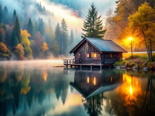 Fototapeta premium Misty Mirror Lake Wooden Cabin - Foggy Autumn Scene Stock Photo