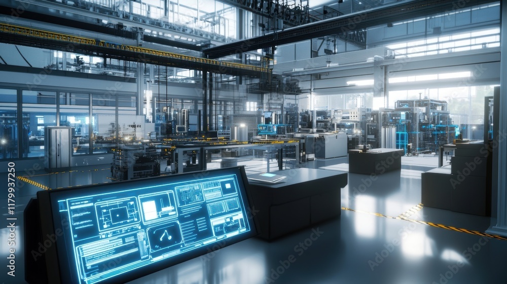 Poster robotic arms and conveyor belts working in a high tech manufacturing facility, monitored by a sophis