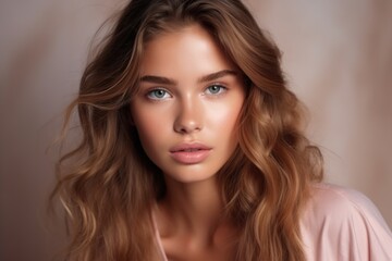 Naklejka premium Natural Beauty: Young Fashion Model Girl with Beautiful Natural Make-Up, Portrait of Girl with the Perfect Skincare