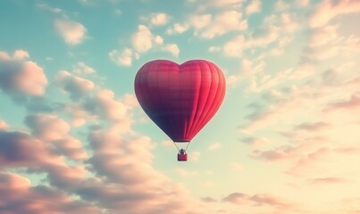 Obraz premium Romantic hot air balloon shaped like a heart, floating in a soft pastel sky