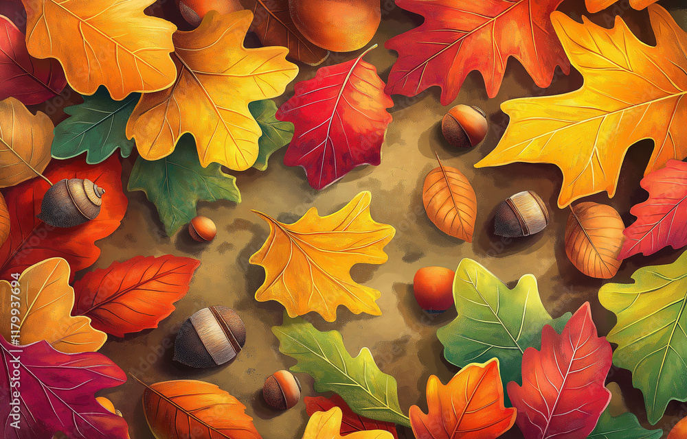 Poster a close-up of colorful autumn leaves and acorns scattered on the ground, creating an enchanting fall