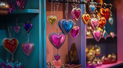 A vibrant boutique display featuring heart-shaped necklaces and earrings
