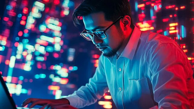 An adult Asian man types swiftly on his laptop in a vibrant neon-lit room, reflecting a busy night of work. The intense focus and ambient blue and red lights suggest a high-tech environment.