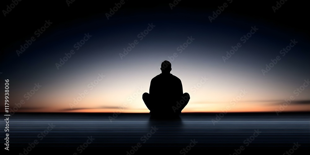 Poster a person sitting in meditation against a gradient sunset backdrop, creating a serene and reflective 