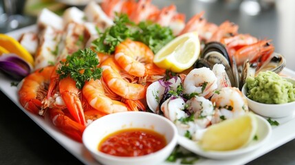 Delicious Seafood Platter: A Culinary Delight of Shrimp, Lobster, Mussels, and More