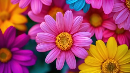 Vibrant Close-Up of Colorful Daisies in Bloom Showcasing Pink, Yellow, and Purple Petals Against a Green Background for Nature Lovers and Floral Enthusiasts