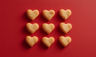 Obraz premium Studio shot of heart shaped cookies flat laid against red background