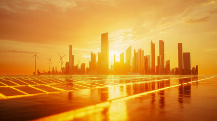 Obraz premium A glowing sunset illuminates a modern cityscape with solar panels and wind turbines, symbolizing renewable energy and urban sustainability. 