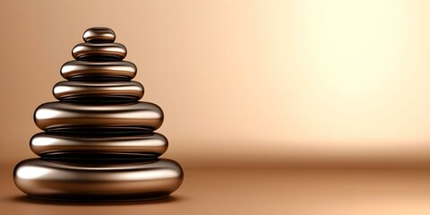 Obraz premium A series of smooth, shiny, stacked stones arranged in a pyramid shape against a warm, neutral background. Concept Zen Garden Aesthetics, Stone Stacking Art, Minimalist Decor, Relaxation Inspiration