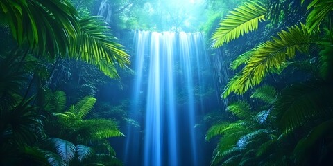 Obraz premium A stunning waterfall cascading through a lush, green tropical rainforest, surrounded by vibrant foliage and soft light. Concept Tropical Waterfall, Lush Rainforest, Vibrant Foliage