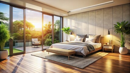 Modern Bedroom with Terrace View: Minimalist Interior Design Stock Photo