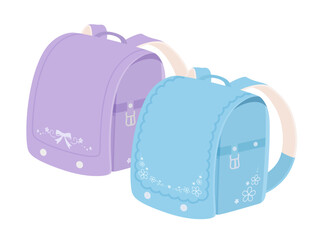 模様がついている水色と紫のランドセルのイラスト