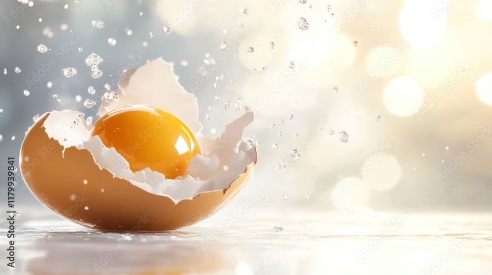 Poster a close up view of a freshly broken egg on a rustic wooden table surrounded by natural light and sim
