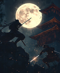 Fototapeta premium An intense scene of two swordsmen locked in battle atop a crumbling temple at night, their blades clashing with sparks flying. The moon glows ominously in the background. 4K. Generative AI