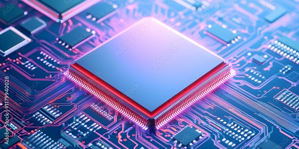 Poster a close-up of a computer processor chip on a circuit board with vibrant electronic connections. conc