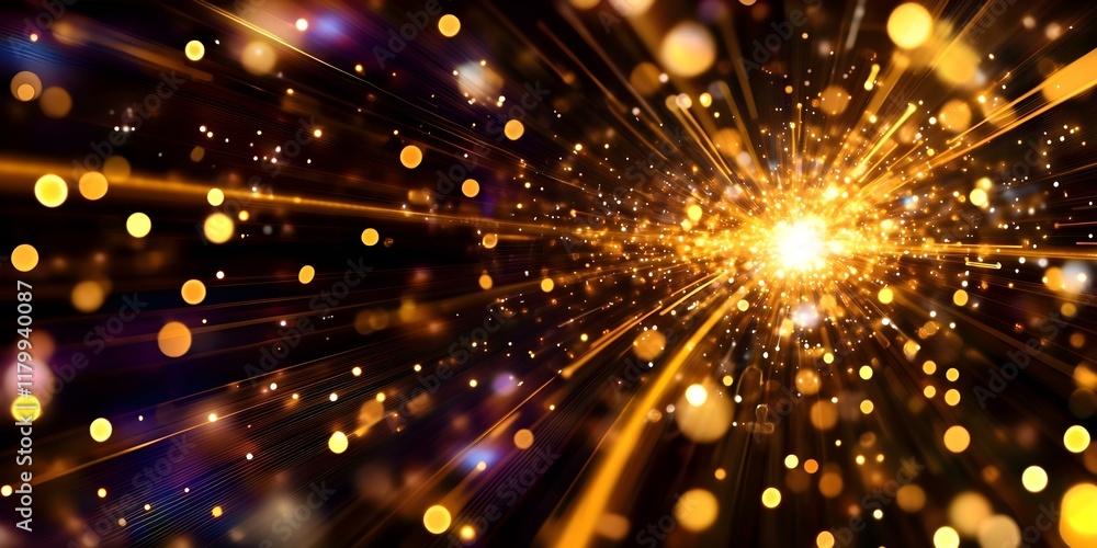 Poster a burst of bright golden light with streaks and particles, creating a dynamic and vibrant explosion 