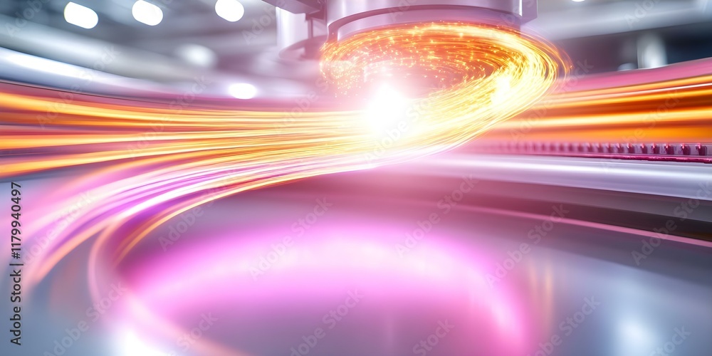 Poster an abstract representation of light trails swirling around a high-tech machine, suggesting movement 