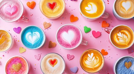 A vibrant coffee shop menu with Valentines specials and colorful latte art