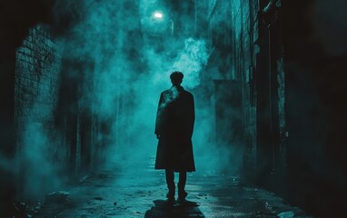 A noir detective in a trench coat, standing in a foggy alley with dark shadows and contrast lighting.