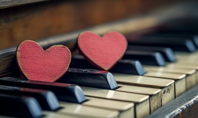 Red wooden hearts on a piano keyboard selective focus