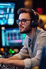 Fototapeta premium Young man focused on music production in a modern studio setting