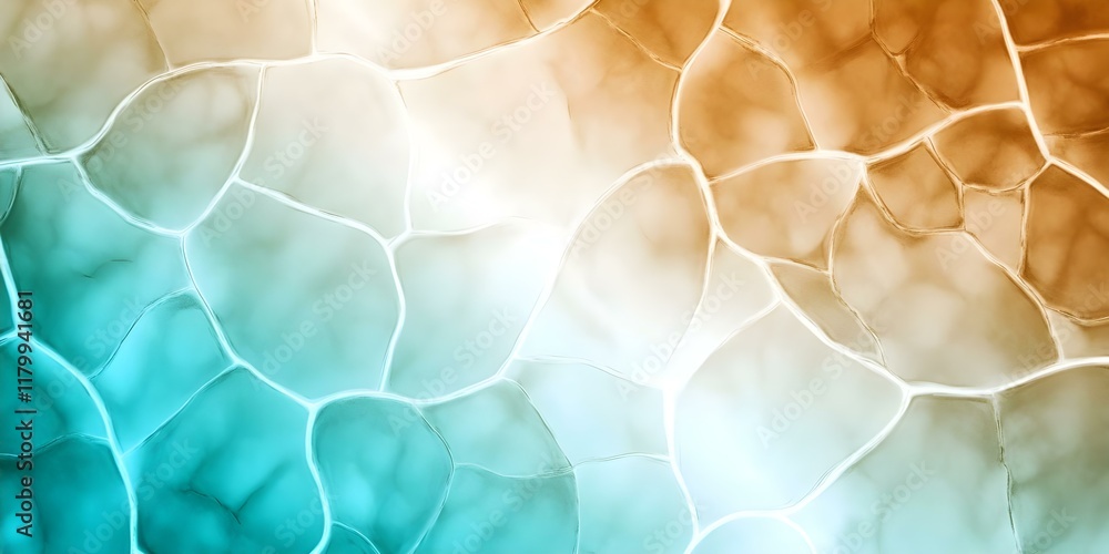 Poster an abstract pattern featuring interconnected cells in shades of orange and turquoise, creating a vis
