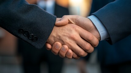 two people shaking hands in a business meeting room with other people in the background