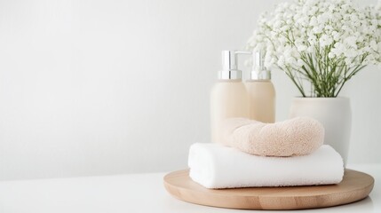 a white vase with flowers and a towel on a wooden tray