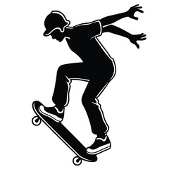 Obraz premium Vector silhouette of a skateboarder performing a trick, captured mid-air with the skateboard flipped underfoot. 