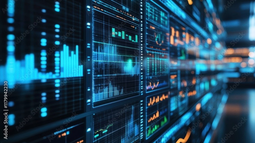 Poster multiple digital screens displaying various charts. graphs. and data in a futuristic control room ar