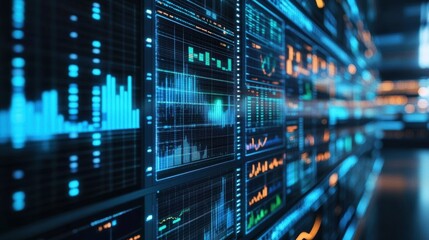 Fototapeta premium Multiple digital screens displaying various charts. Graphs. And data in a futuristic control room are monitoring a complex manufacturing process. Suggesting advanced automation and real time analysis