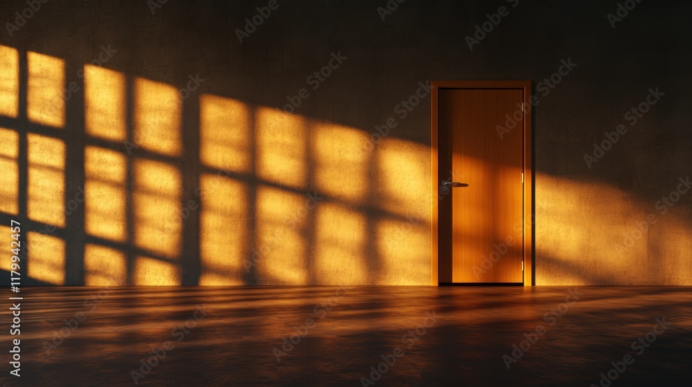 Poster open door inviting exploration in minimalistic room with neutral tones and simple wall creating a ca
