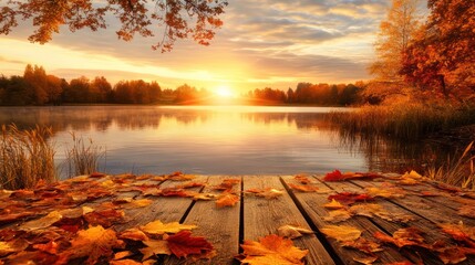 Autumn sunrise lake dock; colorful leaves, peaceful scene, nature calendar
