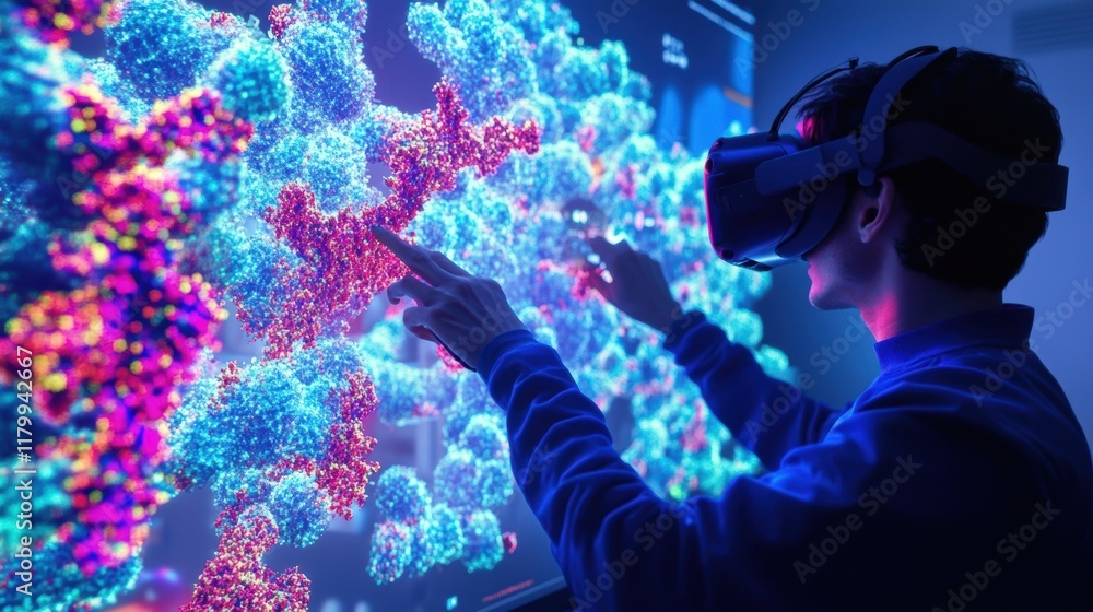 Poster scientist wearing vr headset interacting with large 3d model of molecule displayed on interactive sc