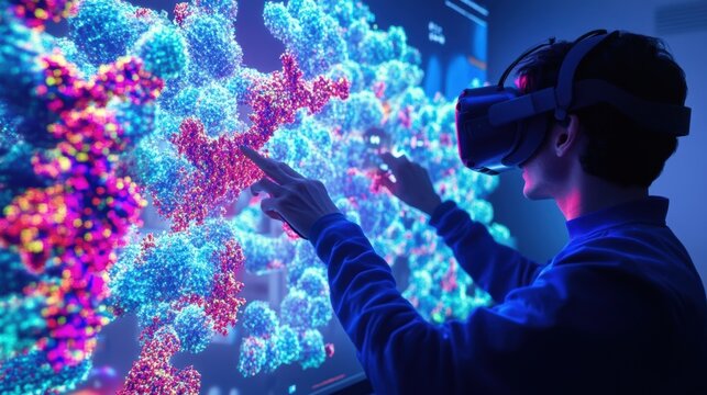 Scientist wearing vr headset interacting with large 3d model of molecule displayed on interactive screen, exploring scientific data in modern laboratory