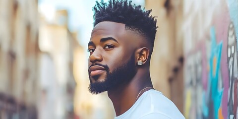 Fototapeta premium A man with a stylish haircut and beard stands confidently in an urban setting with colorful graffiti in the background. Concept Stylish Haircut, Confident Stance, Urban Setting, Colorful Graffiti