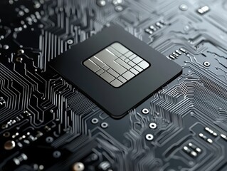 A detailed close-up of a microchip on a circuit board, showcasing intricate patterns and connections in a sleek, modern design.